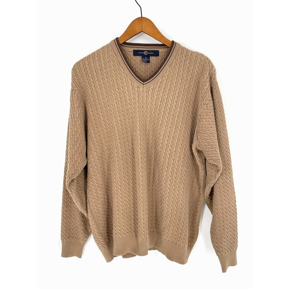 Cotton Traders Mens‎ Medium Sweater Cable Knit Preppy Brown Lightweight V Neck